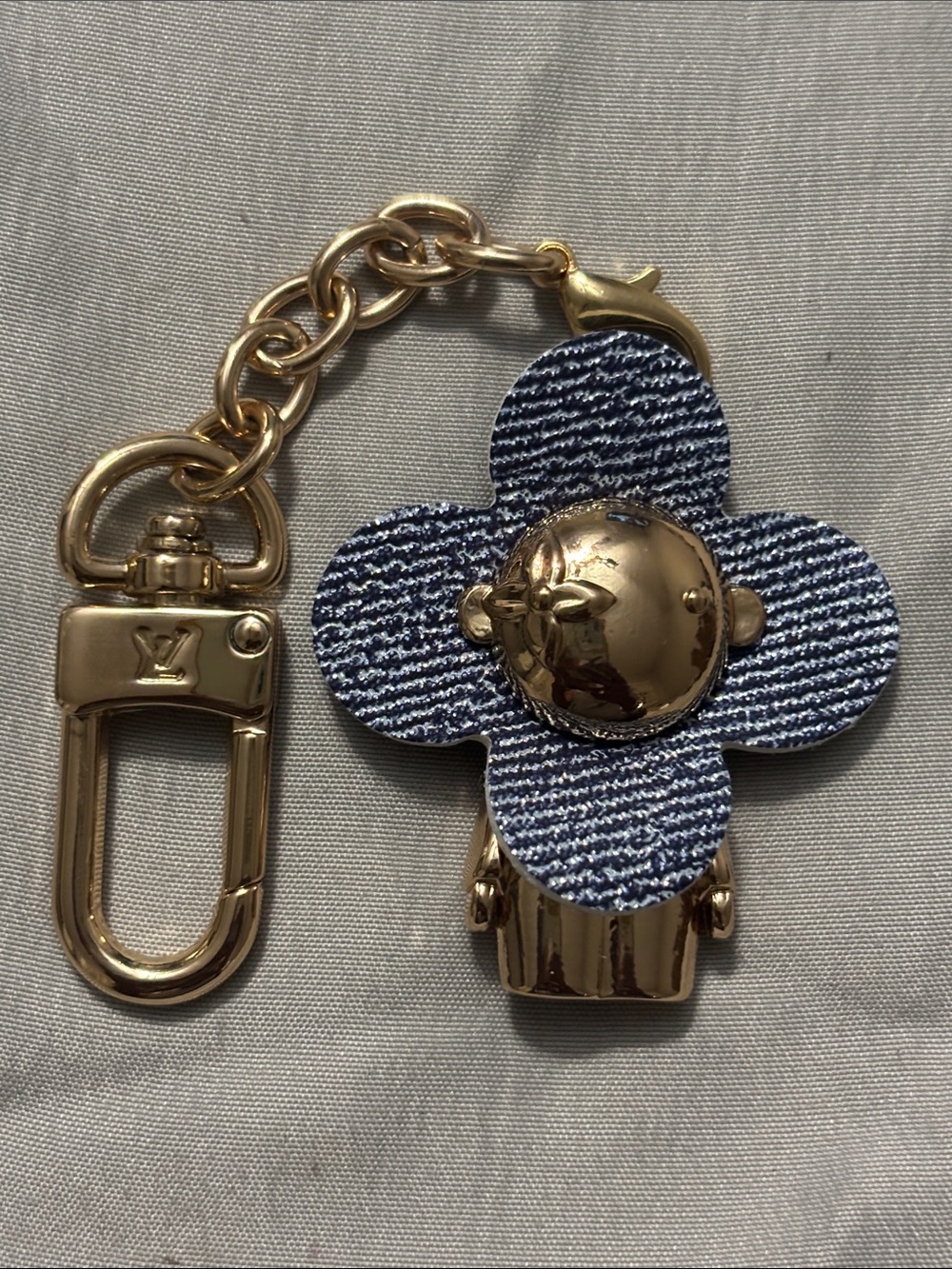 Designer Blue Denim Flower Key & Card Holder Charm with Gold Hardware